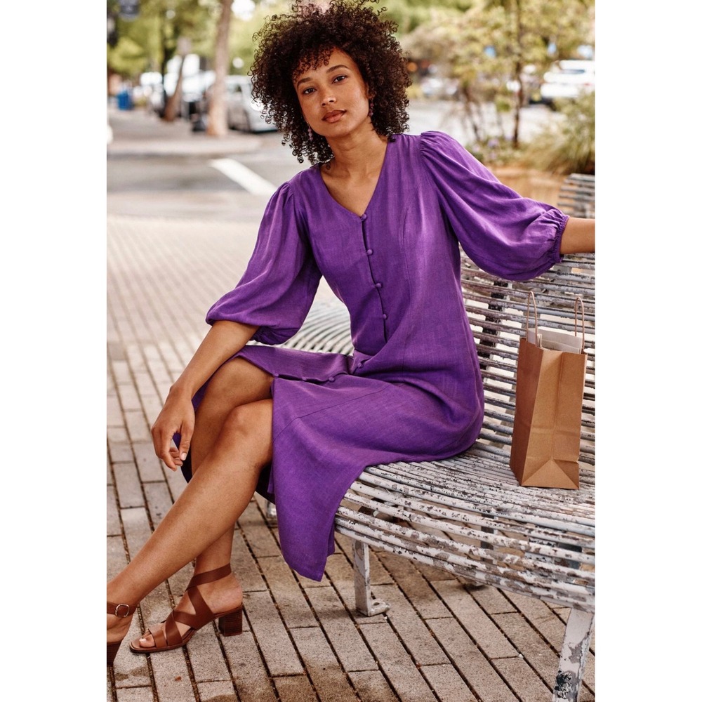 J. Jill Purple Linen Blend Midi Dress Puff Sleeve Button Front V Neck NWT Size S